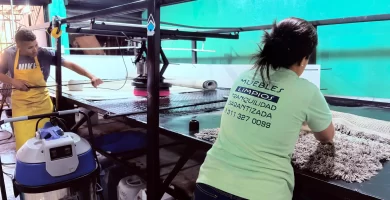 Hombre realizando lavado de alfombras en Cali con equipo profesional